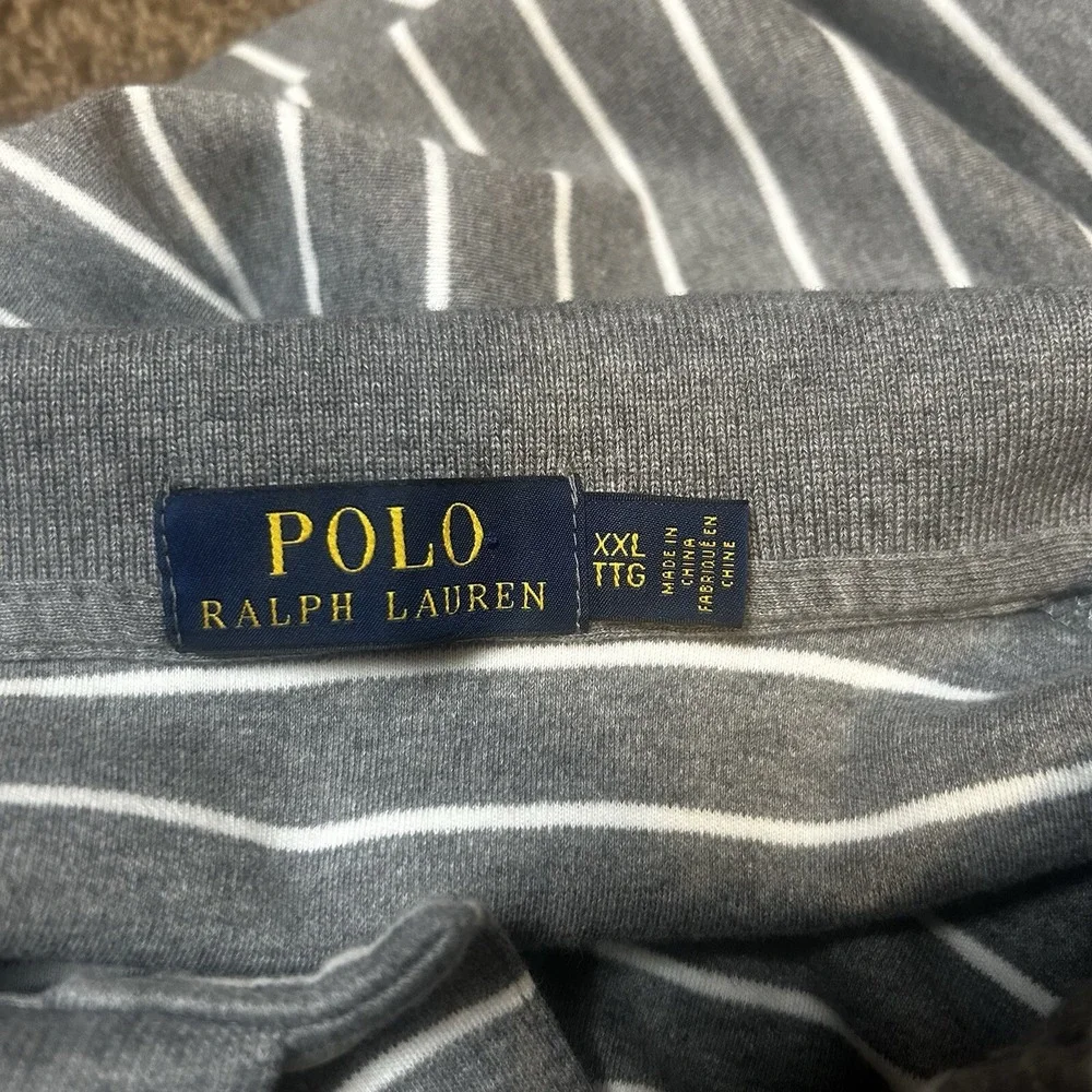 Polo Ralph Lauren Mens XXL Grey White Striped Long Sleeve Polo Shirt 100% Cotton
